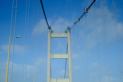 Low angle view of suspension bridge against sky