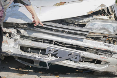 High angle view of damaged car