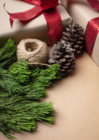High angle view of christmas decoration in box