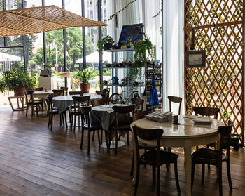 Empty chairs and tables in restaurant