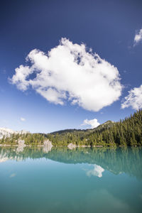 Scenic view of lake by trees against sky