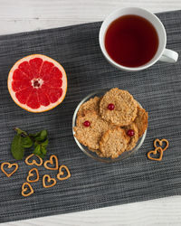 High angle view of breakfast on table