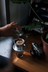 High angle view of coffee cup on table