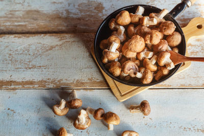 High angle view of bread in bowl on table