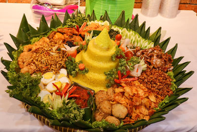 High angle view of meal served on table