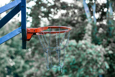 Close-up of basketball hoop against trees