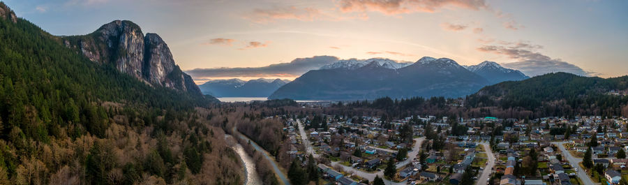 High angle view of townscape against sky during sunset