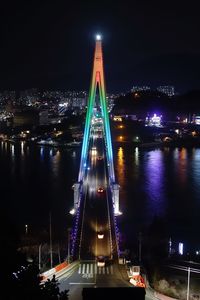 Illuminated suspension bridge in city at night