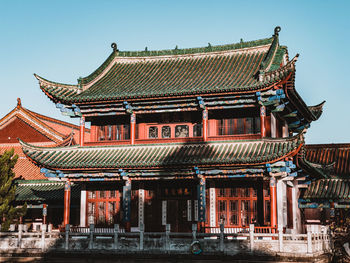 Low angle view of temple building against clear sky