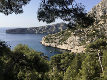 High angle view of sea and trees against sky