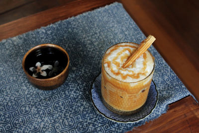 High angle view of coffee on table