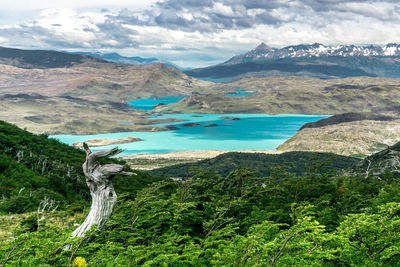 Scenic view of lake and mountains against sky