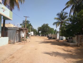 Road amidst trees and buildings against sky