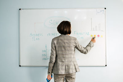 Startup business plan. young businesswoman manager, team leader, investor writing on the board