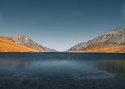 Scenic view of lake by mountains against sky