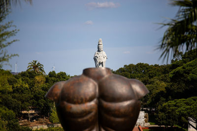 Close-up of statue against trees and sky