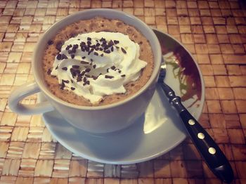 High angle view of coffee on table