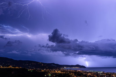 Panoramic view of illuminated city against sky at night