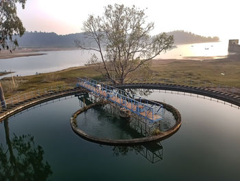 High angle view of tree by lake against sky