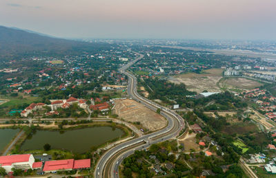 High angle view of cityscape at night