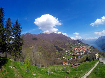 Scenic view of field by mountains against sky