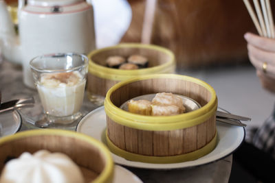 Steamed dumplings in freshly steamed baskets there stranded from the heat placed together 