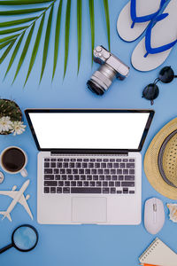 High angle view of laptop on table