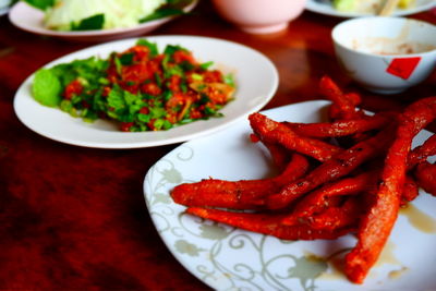 Close-up of fried food in plate on table