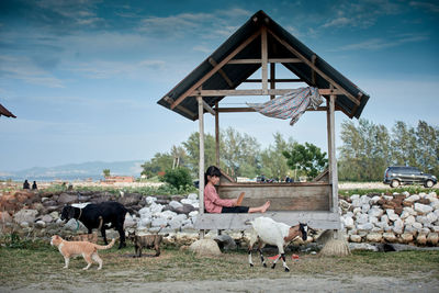 Little girl sitting and reading a book at a wooden gazebo outdoors