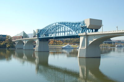 Bridge over river with buildings in background