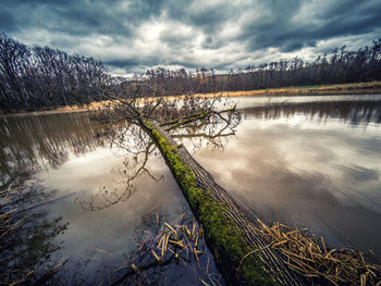 Scenic view of lake against cloudy sky