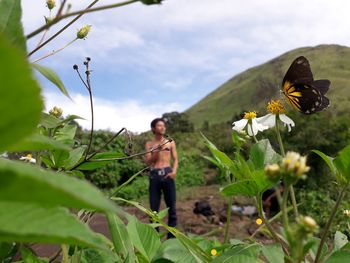 Close-up of flowering plants against shirtless man standing in background