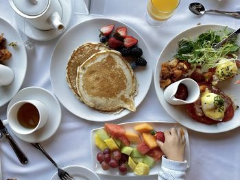 High angle view of breakfast served on table