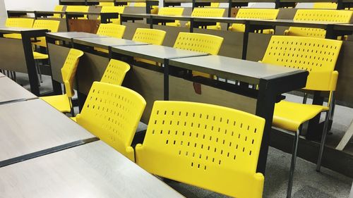 Close-up of yellow chairs on table