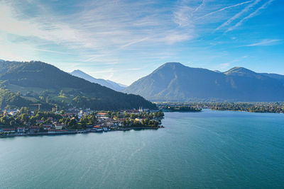 Scenic view of sea and mountains against sky