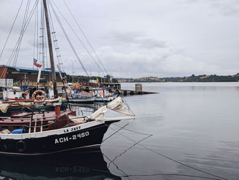 Sailboats moored in sea against sky