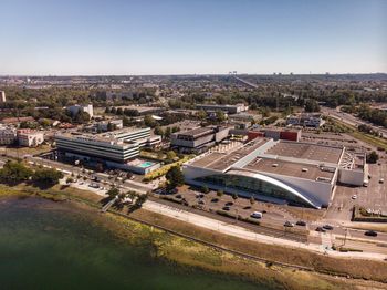 High angle view of buildings against clear sky