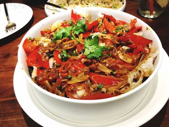 High angle view of salad in bowl on table