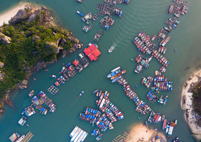 High angle view of boats moored in sea