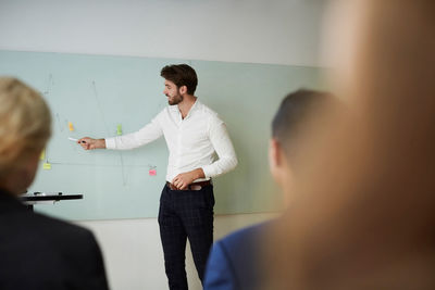 Young entrepreneur pointing while giving presentation to colleagues in office seminar