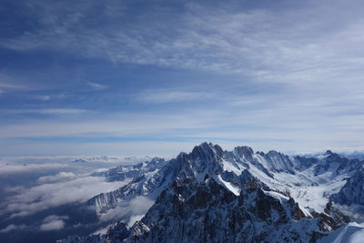 Aerial view of snowcapped mountains against sky