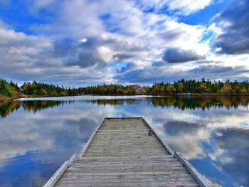 Panoramic view of pier over lake against sky