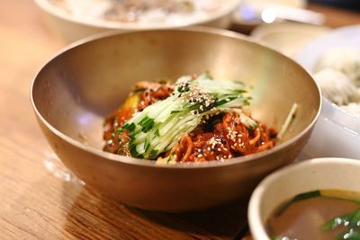 High angle view of soup in bowl on table