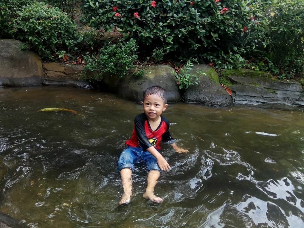 water, childhood, child, one person, river, nature, men, smiling, portrait, leisure activity, front view, happiness, looking at camera, day, full length, lifestyles, outdoors, emotion, person, enjoyment, high angle view, stream, motion, fun, plant, casual clothing, innocence, cute, tree, waterfront
