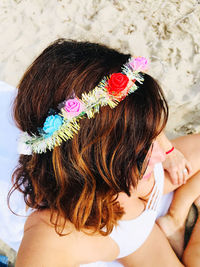 High angle view of woman with bouquet