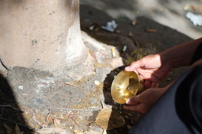 Cropped hand of person pouring oil on leaf during sunny day