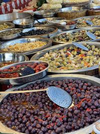 High angle view of food for sale at market stall