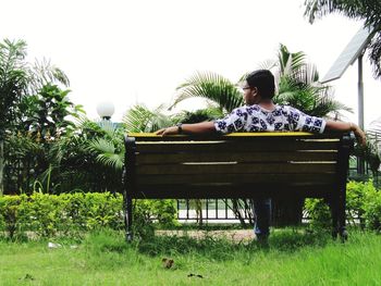 Rear view of boy sitting on seat in park