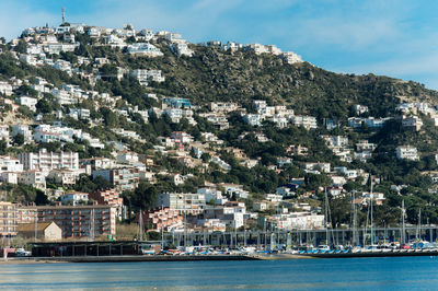 Scenic view of the sea by townscape against the sky