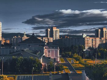 High angle view of buildings against sky